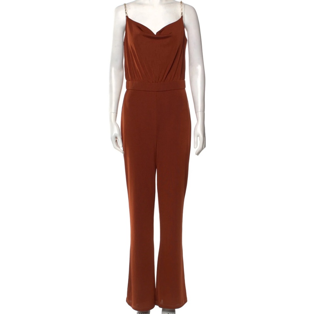 Jason‎ Wu Cowl Neck Jumpsuit Medium Burnt Orange Women’s Chain Rhinestone Straps